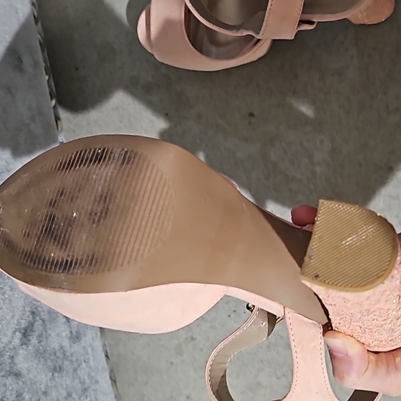 Soft Blush Suede Ankle Strap Platform Glittered Block Heels - Picture 6 of 6